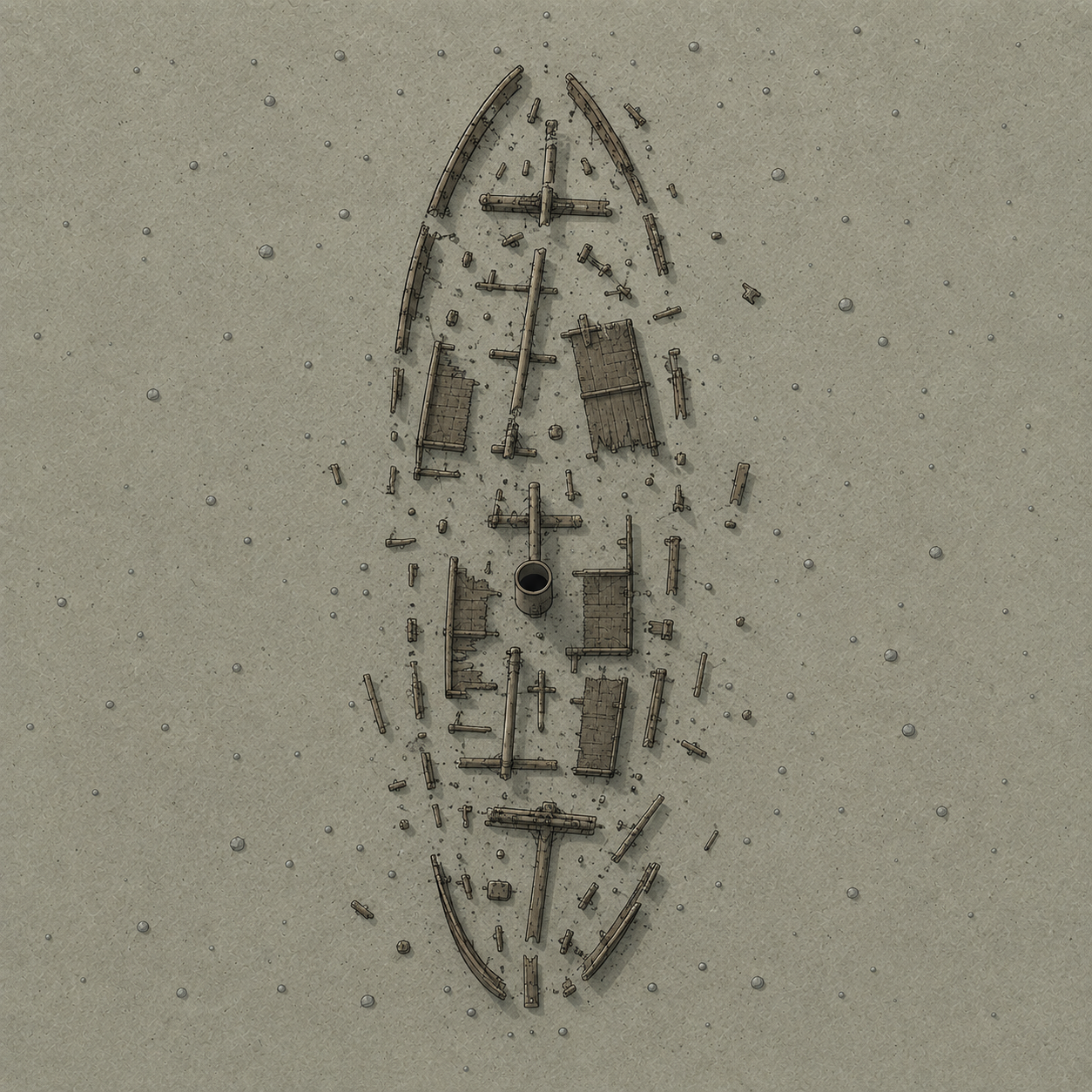 Schematic plan view of scattered but ordered wreck remains