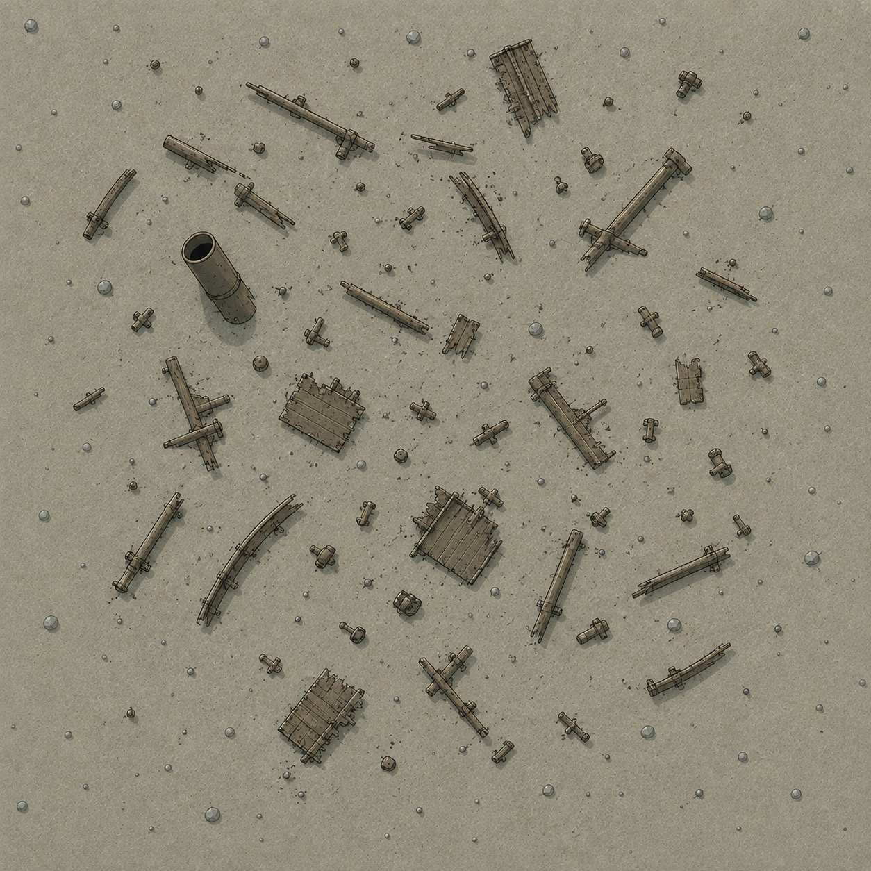 Schematic plan view of scattered and disordered wreck remains